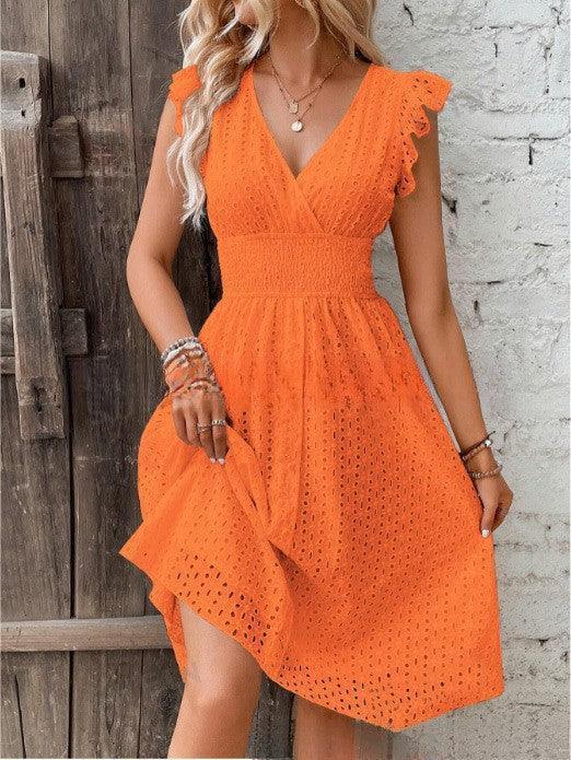 JAMBRA Women's Chic V-Neck Short Midi Dress Casual Sleeveless Beach Dress - JAMBRA