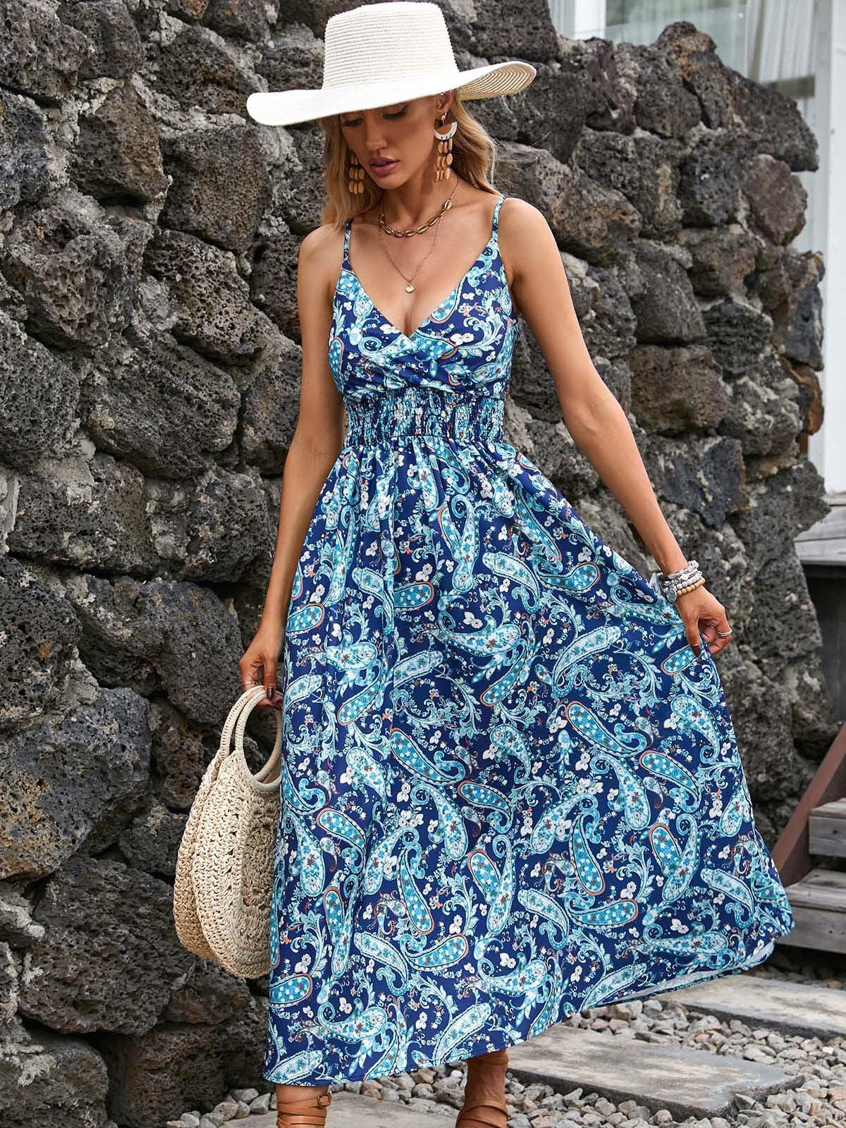 JAMBRA Women's V-Neck Summer Sundress Slim fit Sleeveless Long Midi Beach Dress - JAMBRA