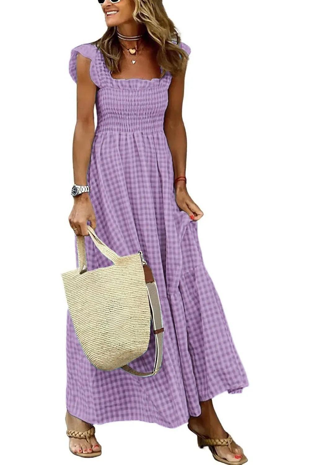 JAMBRA Women's Square Neck Sundress Plaid Elegant Slip On Boho Maxi dress - JAMBRA