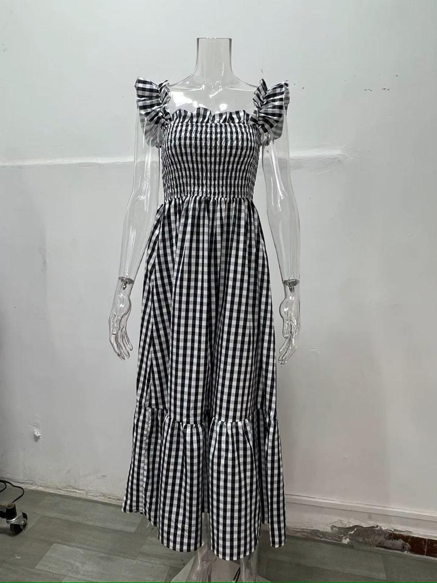 JAMBRA Women's Square Neck Sundress Plaid Elegant Slip On Boho Maxi dress - JAMBRA