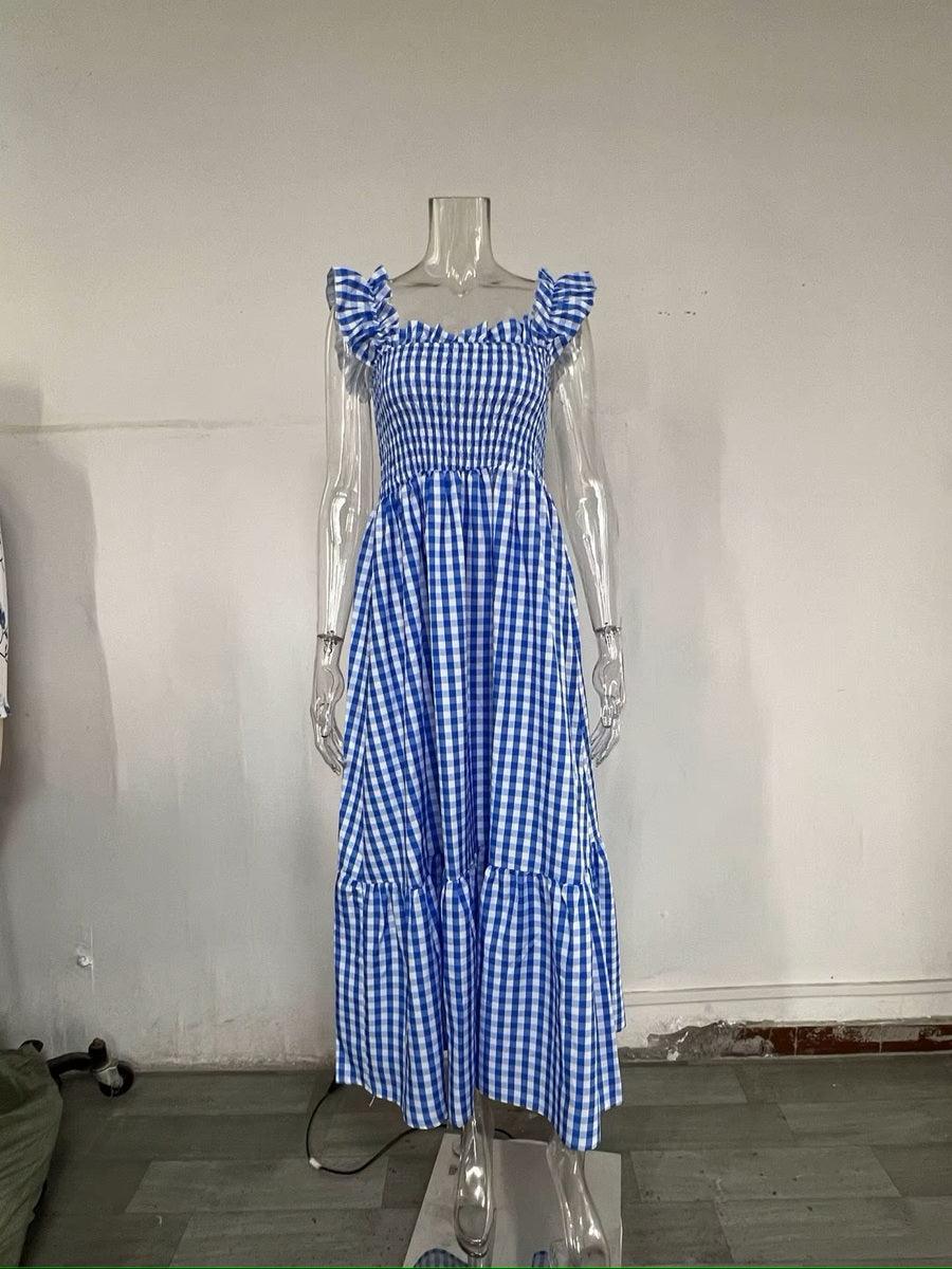 JAMBRA Women's Square Neck Sundress Plaid Elegant Slip On Boho Maxi dress - JAMBRA