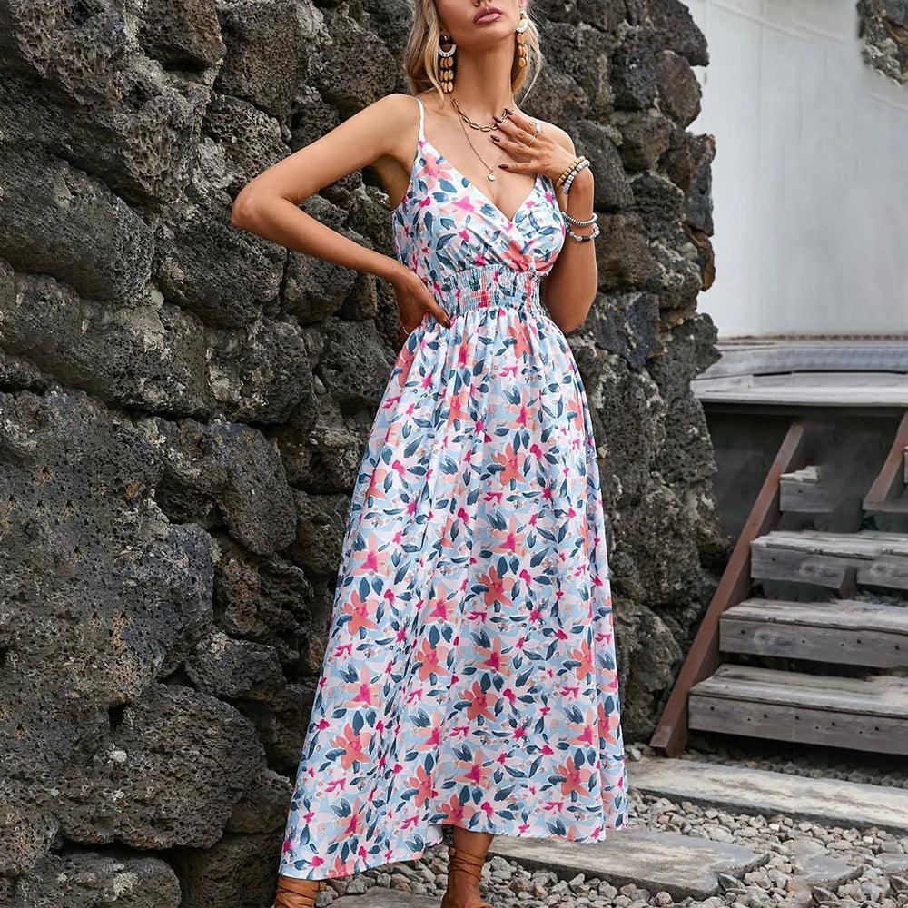 JAMBRA Women's Elegant V-Neck Summer Sundress Slim fit Sleeveless Midi Beach Dress - JAMBRA