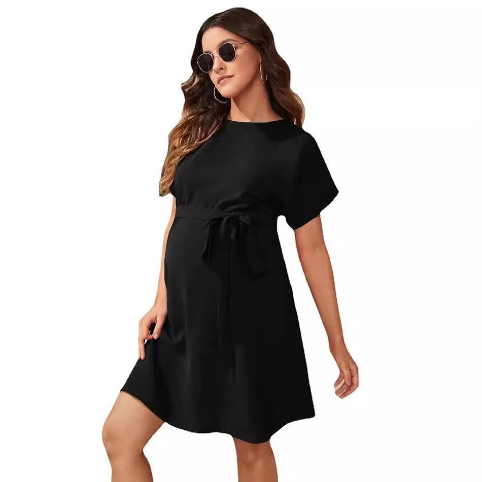 JAMBRA Women's Maternity Chic Dress Casual Soft Tight Round Neck Petite Midi - JAMBRA