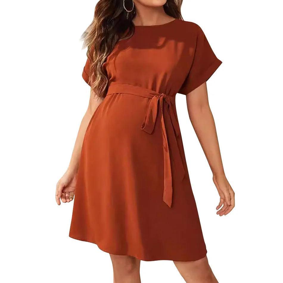 JAMBRA Women's Maternity Chic Dress Casual Soft Tight Round Neck Petite Midi - JAMBRA
