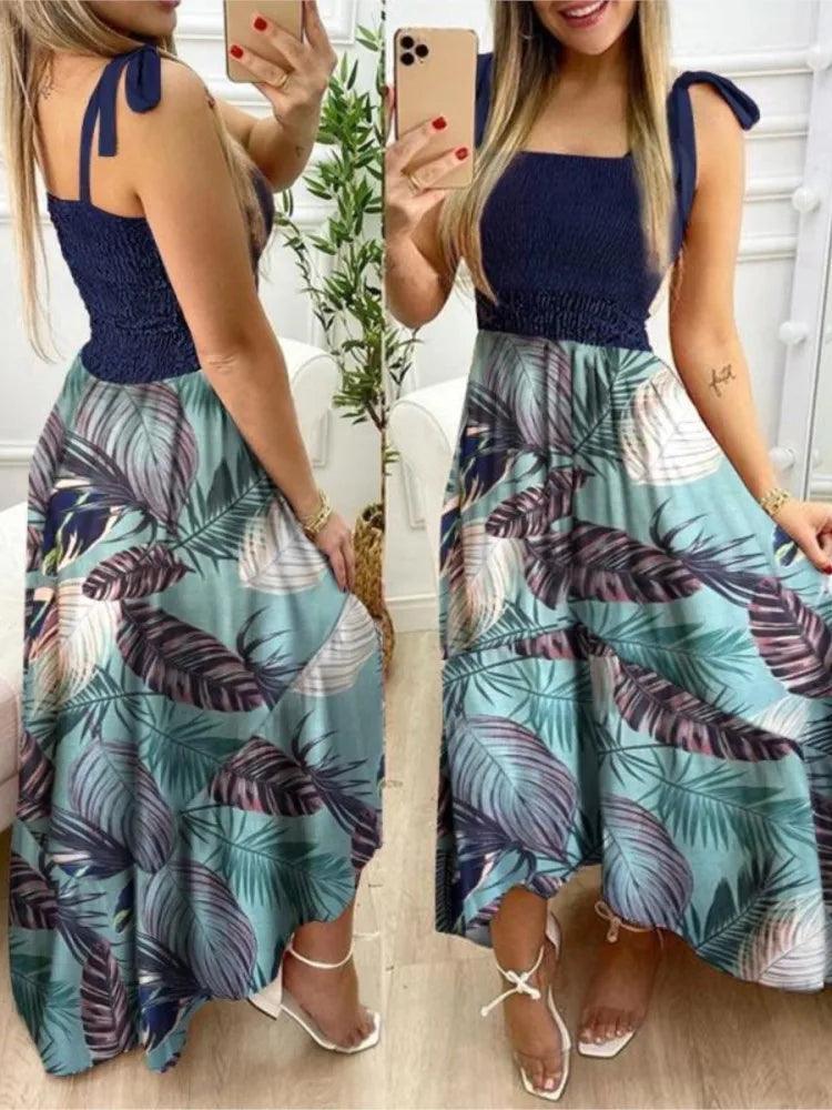 JAMBRA Women's Summer Elegance Floral Maxi Dress Casual Spaghetti Strap Sundress - JAMBRA
