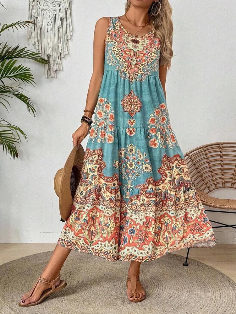 JAMBRA Women's Breezy Beach Sundress Crew-neck Sleeveless Summer Dress - JAMBRA