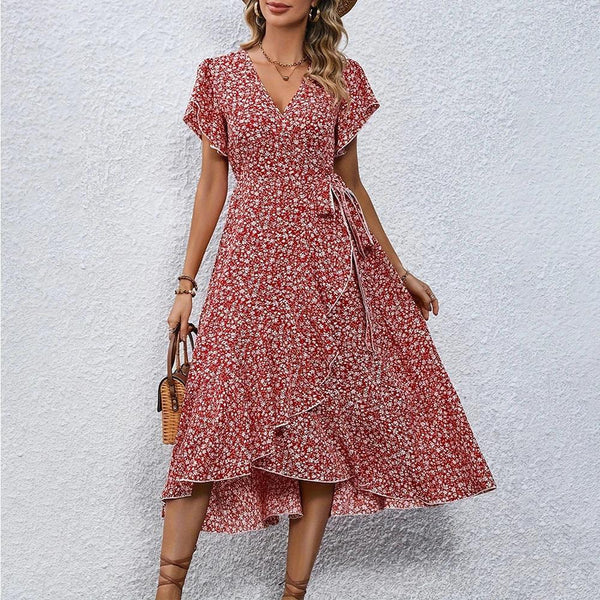 Elegant Beach Maxi Sundress, JAMBRA,
V-neck, Long, Short Sleeve Dress