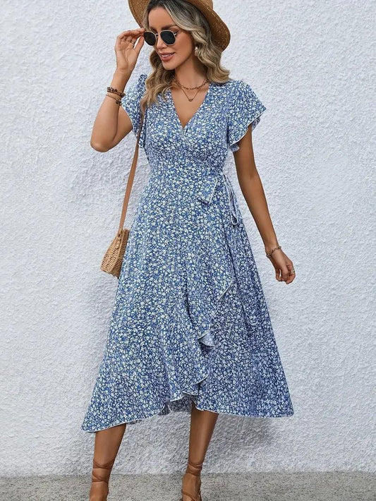 JAMBRA Women's Elegant Beach Midi Sundress V-neck Short Sleeve Dress - JAMBRA