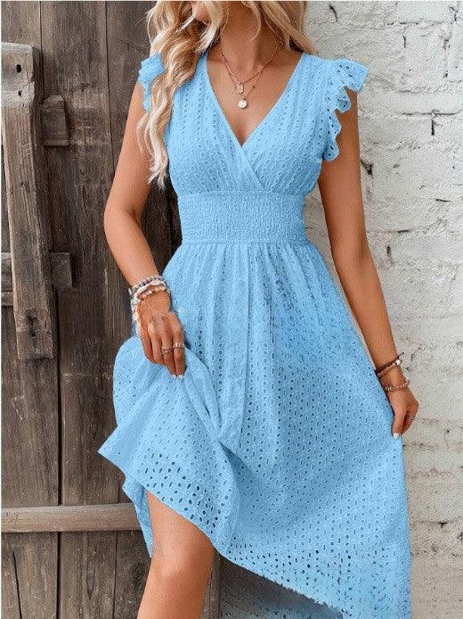 JAMBRA Women's Chic V-Neck Short Midi Dress Casual Sleeveless Beach Dress - JAMBRA