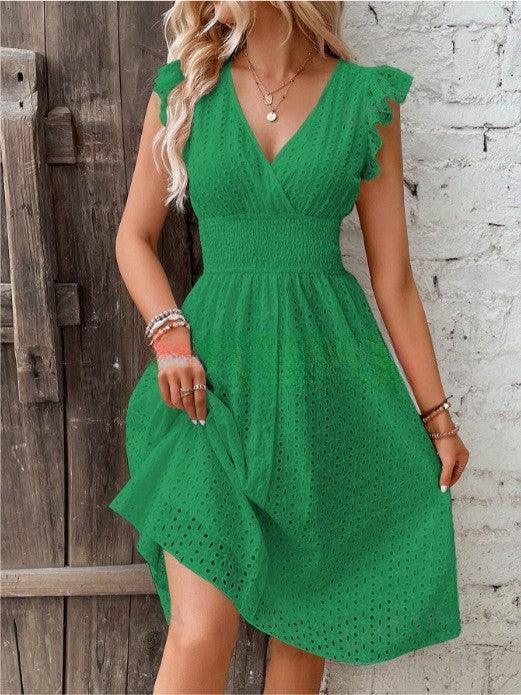 JAMBRA Women's Chic V-Neck Short Midi Dress Casual Sleeveless Beach Dress - JAMBRA