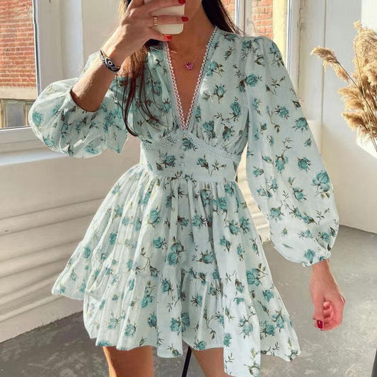 JAMBRA Women's Soft V-Neck Casual Sundress Light Weight Full Sleeve Mini Dress - JAMBRA