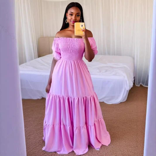 JAMBRA Women's Elegant Off-Shoulder Formal Dress Full Length Solid Color Spring Dress - JAMBRA