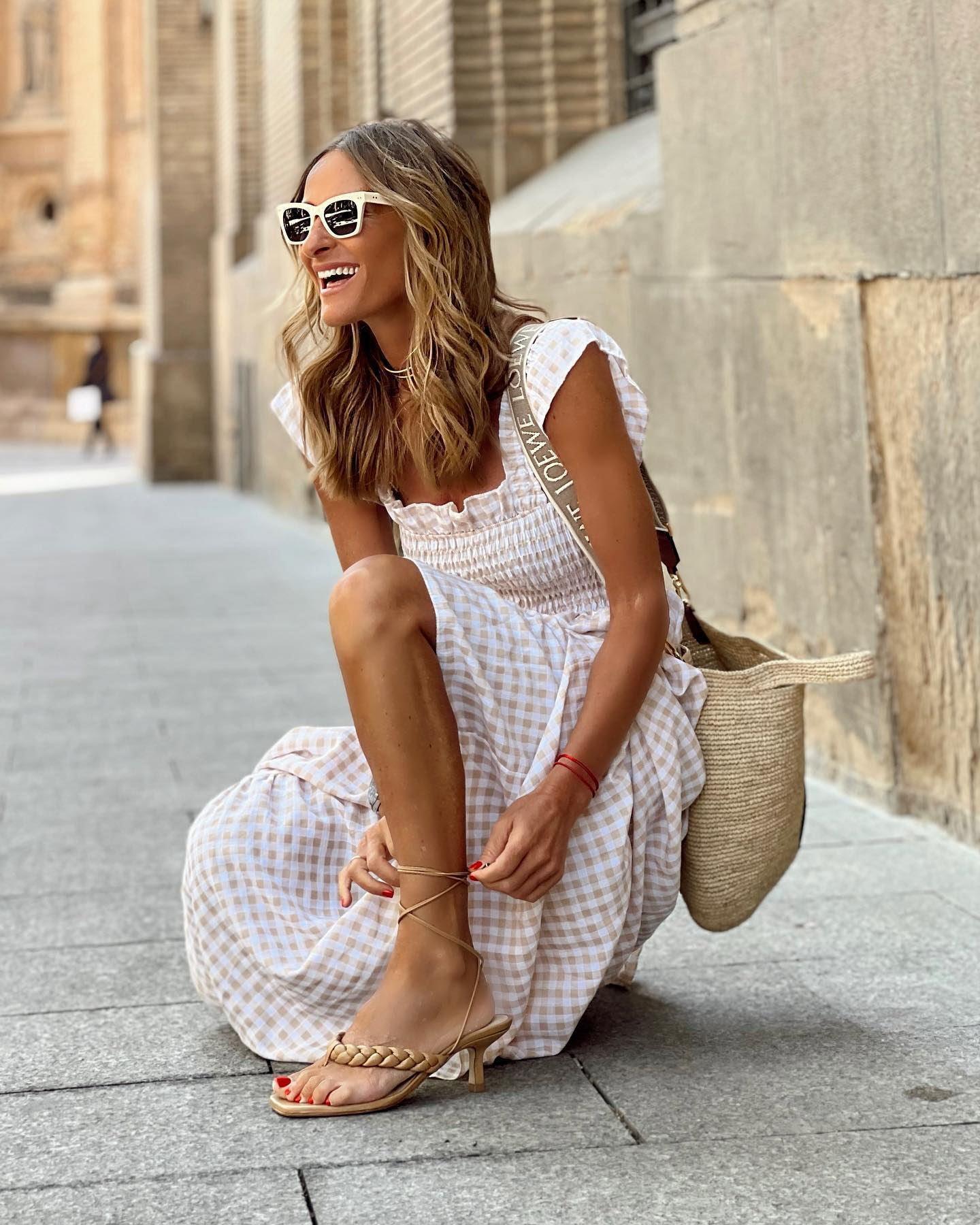 JAMBRA Women's Square Neck Sundress Plaid Elegant Slip On Boho Maxi dress - JAMBRA
