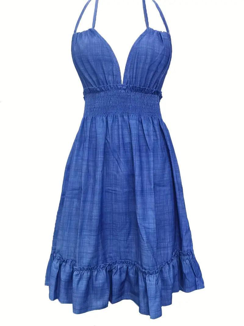 JAMBRA Women's Boho Summer V-Neck Dress Short Beach Halter Sundress - JAMBRA