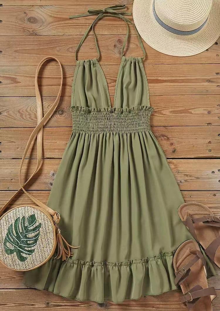 JAMBRA Women's Boho Summer V-Neck Dress Short Beach Halter Sundress - JAMBRA