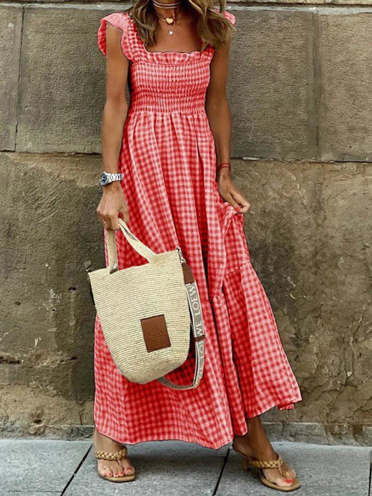 JAMBRA Women's Square Neck Sundress Plaid Elegant Slip On Boho Maxi dress - JAMBRA