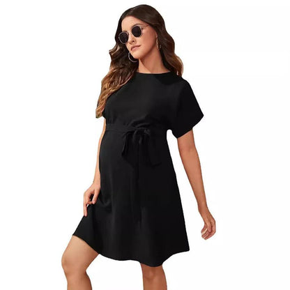 JAMBRA Women's Maternity Chic Dress Casual Soft Tight Round Neck Petite Midi - JAMBRA