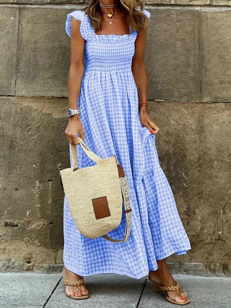 JAMBRA Women's Plaid Elegant, Slip on, Backless, Boho, Maxi dress - JAMBRA