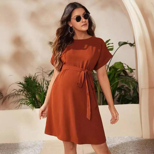 JAMBRA Women's Maternity Chic Dress Casual Soft Tight Round Neck Petite Midi - JAMBRA