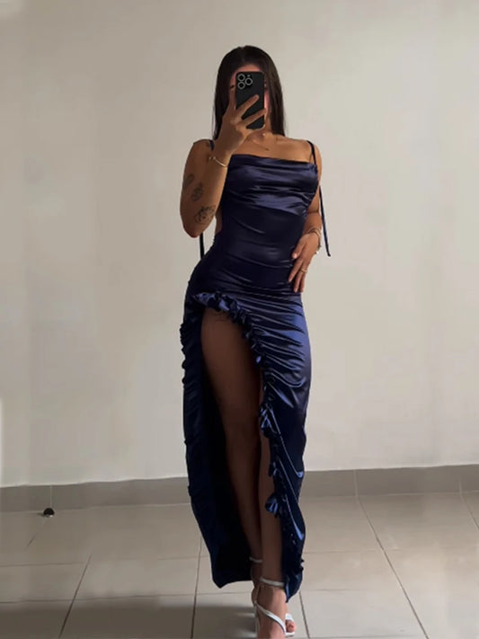 JAMBRA Women's Elegant Backless Shoulder Tie High Leg Formal Dress