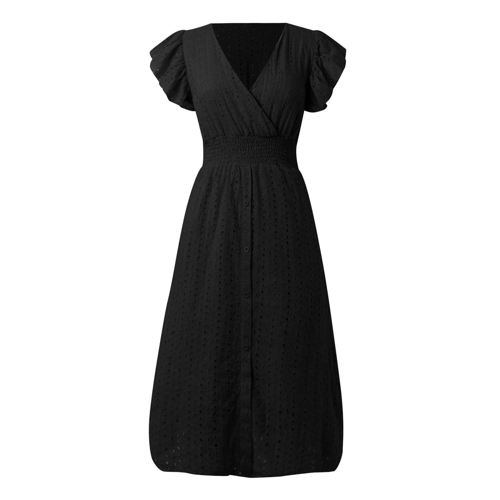 JAMBRA Women's Chic V-Neck Short Midi Dress Casual Sleeveless Beach Dress - JAMBRA