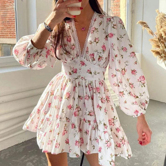 JAMBRA Women's Soft V-Neck Casual Sundress Light Weight Full Sleeve Mini Dress - JAMBRA