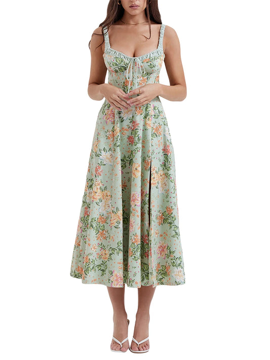 JAMBRA Women's Summer Floral Font Tie Bodycon Midi Dress with Slit