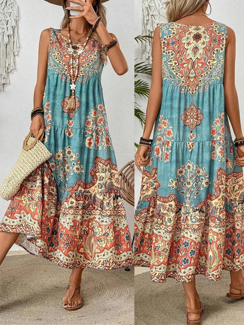 JAMBRA Women's Breezy Beach Sundress Crew-neck Sleeveless Summer Dress - JAMBRA