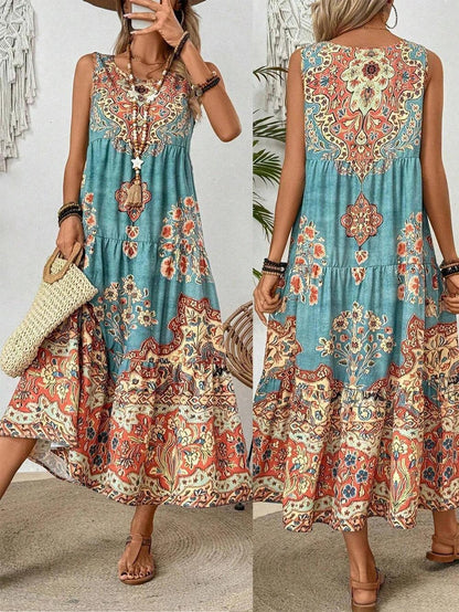 JAMBRA Women's Breezy Beach Sundress Crew-neck Sleeveless Summer Dress - JAMBRA