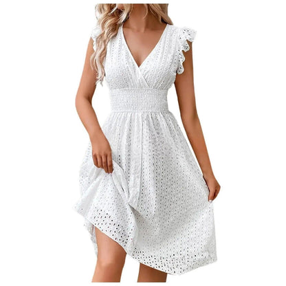 JAMBRA Women's Chic V-Neck Short Midi Dress Casual Sleeveless Beach Dress - JAMBRA