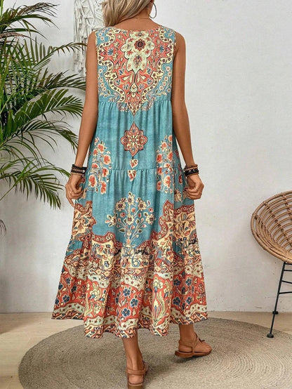 JAMBRA Women's Breezy Beach Sundress Crew-neck Sleeveless Summer Dress - JAMBRA