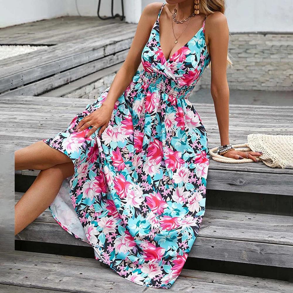 JAMBRA Women's V-Neck Summer Sundress Slim fit Sleeveless Long Midi Beach Dress - JAMBRA