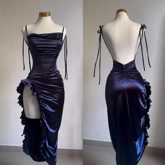 JAMBRA Women's Elegant Backless Shoulder Tie High Leg Formal Dress