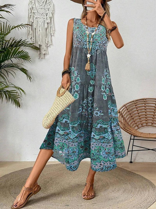 JAMBRA Women's Breezy Beach Sundress Crew-neck Sleeveless Summer Dress - JAMBRA