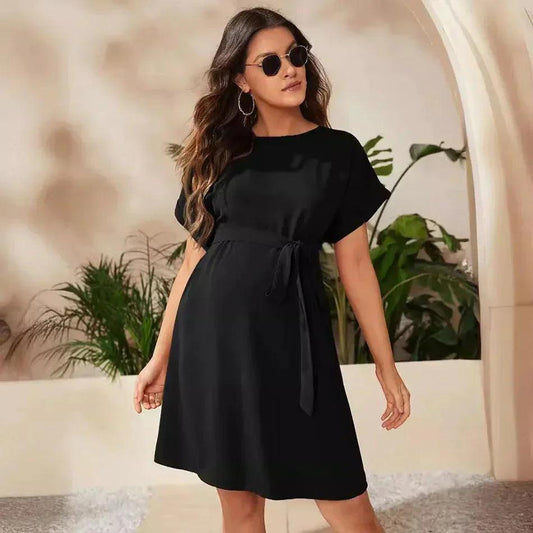 JAMBRA Women's Maternity Chic Dress Casual Soft Tight Round Neck Petite Midi - JAMBRA