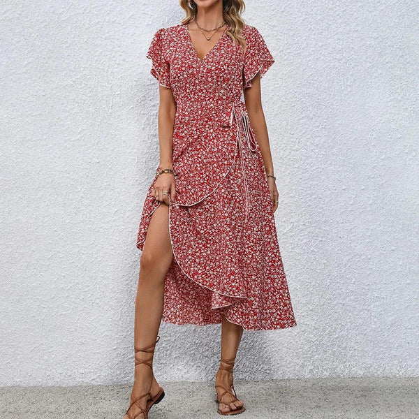 JAMBRA Women's Elegant Beach Midi Sundress V-neck Short Sleeve Dress - JAMBRA