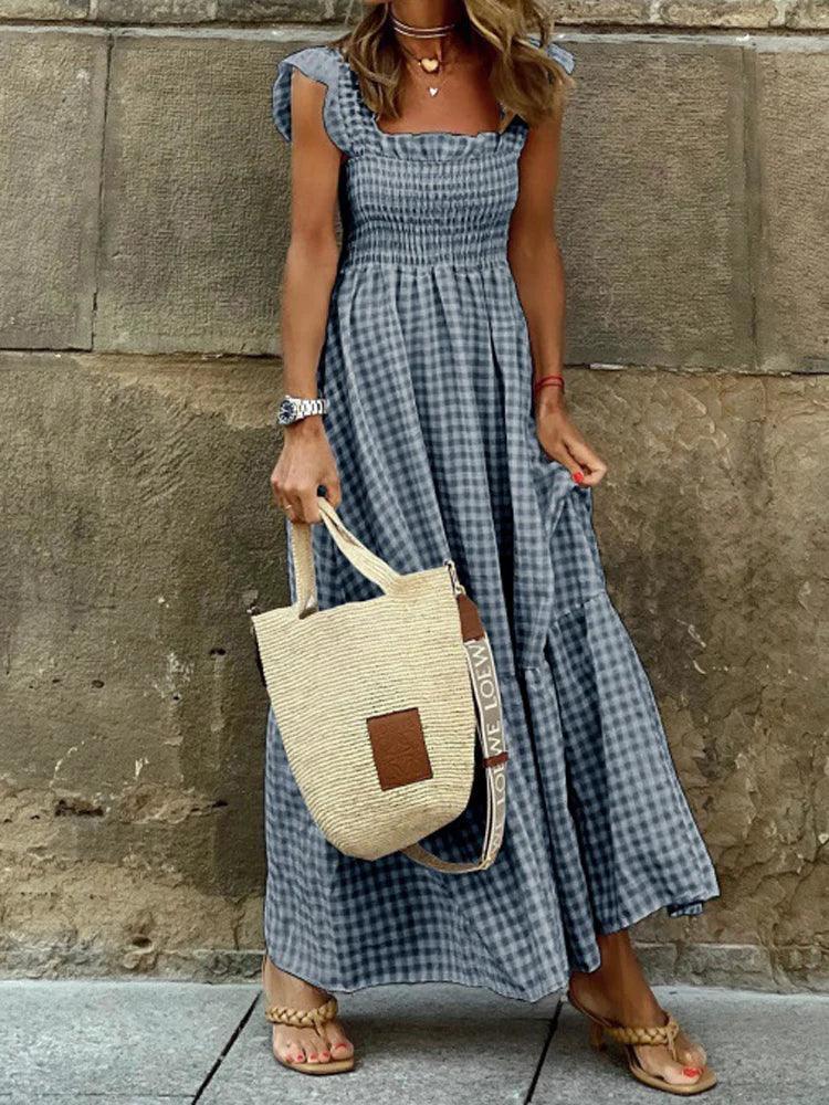 JAMBRA Women's Plaid Elegant, Slip on, Backless, Boho, Maxi dress - JAMBRA