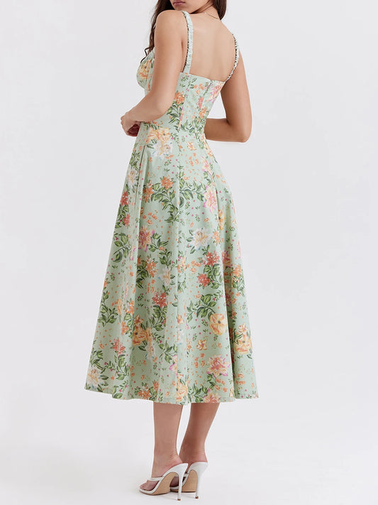 JAMBRA Women's Summer Floral Font Tie Bodycon Midi Dress with Slit