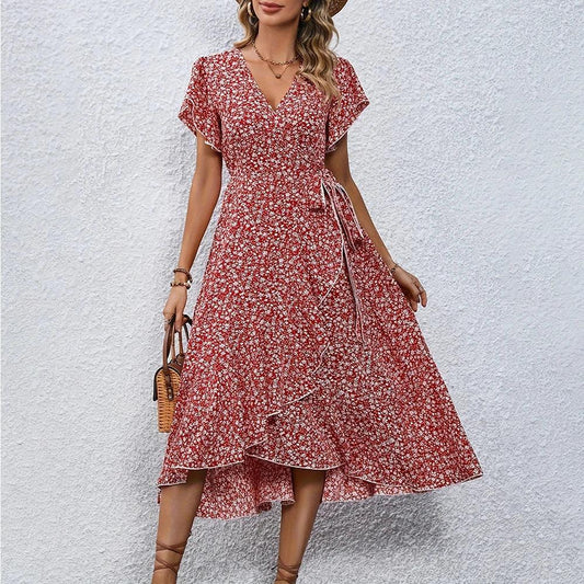 JAMBRA Women's Elegant Beach Midi Sundress V-neck Short Sleeve Dress - JAMBRA